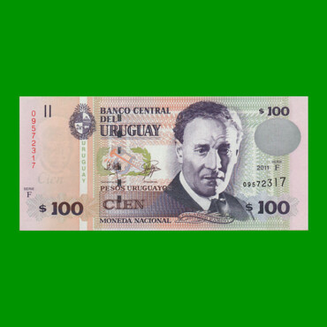 BILLETE DE URUGUAY $100,00 PICK 88, AÑO 2011, SERIE F, ESTADO SIN CIRCULAR.-