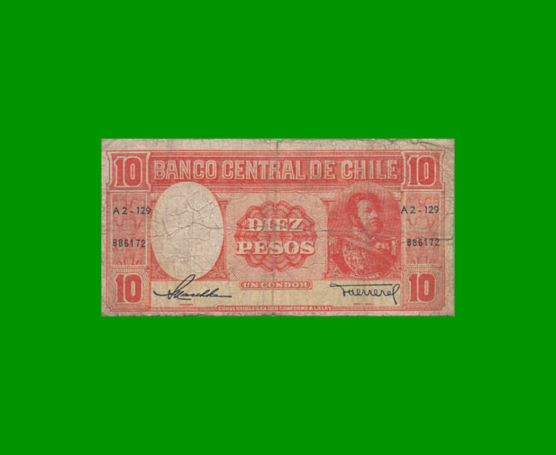 BILLETE DE CHILE $ 10,00, PICK 120, AÑO 1958/59, ESTADO BUENO .-