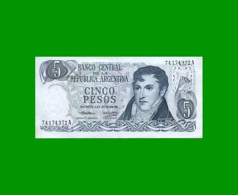 PESOS LEY 18.188 $5,00, BOT 2327, AÑO 1974, ESTADO MUY BUENO+.-