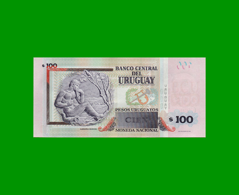 BILLETE DE URUGUAY $100,00 PICK 95b, AÑO 2019, SERIE H, ESTADO SIN CIRCULAR.- - Imagen 2