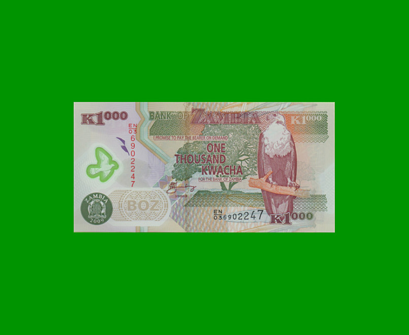 BILLETE DE ZAMBIA 1000 KWACHA, POLYMERO, PICK 44g, AÑO 2009, ESTADO SIN CIRCULAR.-