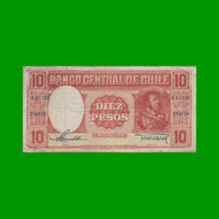 BILLETE DE CHILE $ 10,00, PICK 120, AÑO 1958/59, ESTADO BUENO+ .-