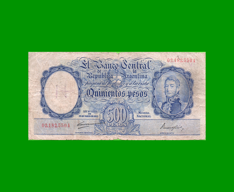 MONEDA NACIONAL $500,00, BOT 2090, NUMEROS ROJOS, AÑO 1948, ESTADO BUENO- .-