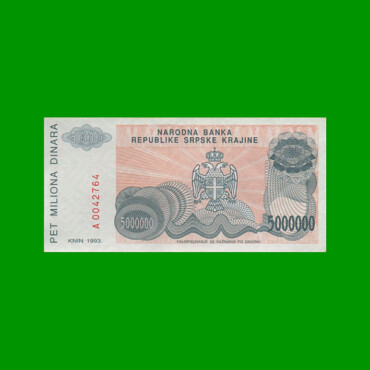 BILLETE DE CROACIA 5.000.000 DINARA, PICK R24, AÑO 1993, ESTADO SIN CIRCULAR.-