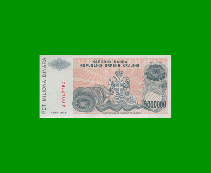 BILLETE DE CROACIA 5.000.000 DINARA, PICK R24, AÑO 1993, ESTADO SIN CIRCULAR.-