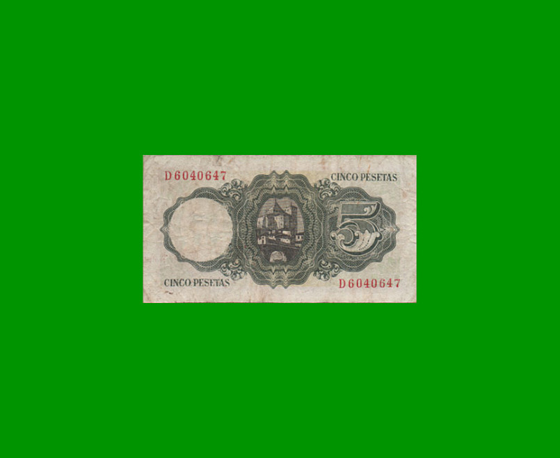 BILLETE DE ESPAÑA 5 PESETA, PICK 140, AÑO 1951, ESTADO MUY BUENO- .- - Imagen 2