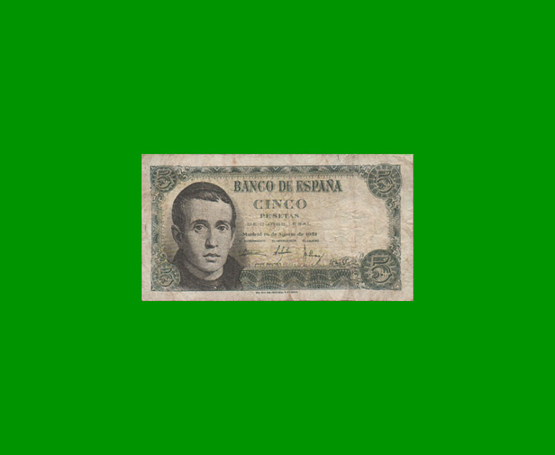 BILLETE DE ESPAÑA 5 PESETA, PICK 140, AÑO 1951, ESTADO MUY BUENO- .-