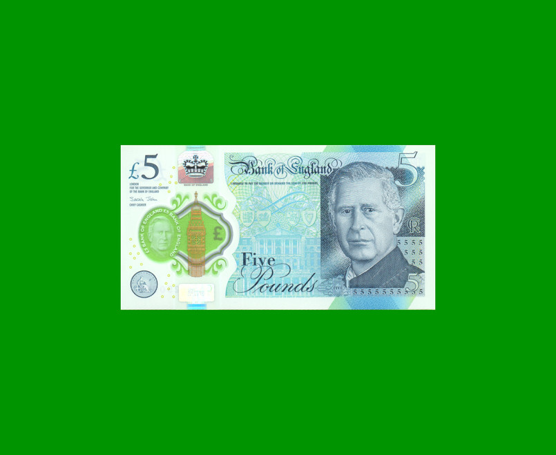 BILLETE DE INGLATERRA (GRAN BRETAÑA) 5 LIBRAS POLYMERO, PICK 398, AÑO 2023 ESTADO SIN CIRCULAR-