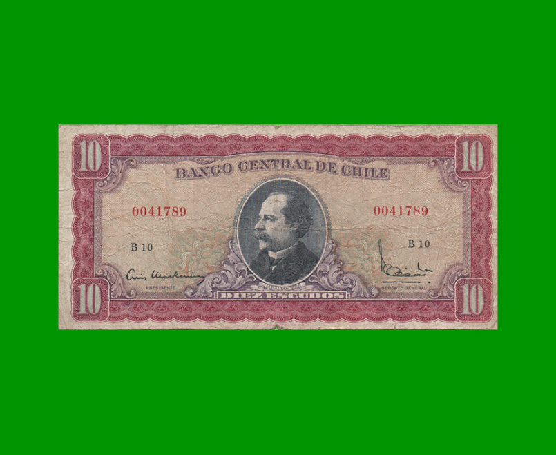 BILLETE DE CHILE 10 ESCUDOS, PICK 139a, AÑO 1964/67, ESTADO BUENO .-