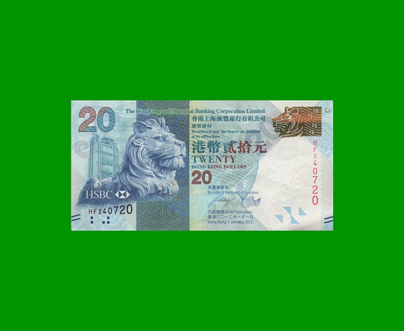 BILLETE DE HONG KONG 20DOLARES, PICK 212b, AÑO 2012, ESTADO EXCELENTE.-