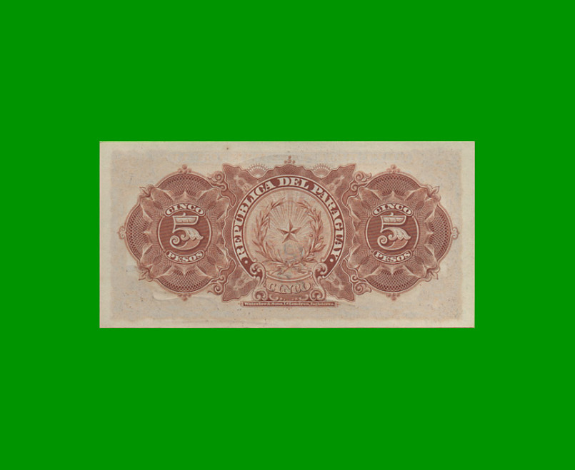 BILLETE DE PARAGUAY 5 GUARANI, PICK 157, LEY 1907, ESTADO SIN CIRCULAR - Imagen 2