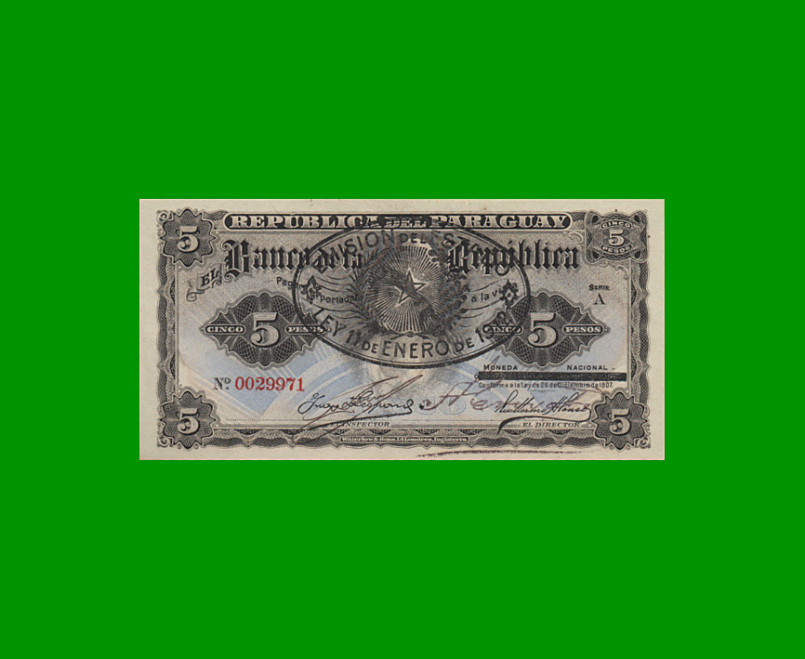 BILLETE DE PARAGUAY 5 GUARANI, PICK 157, LEY 1907, ESTADO SIN CIRCULAR