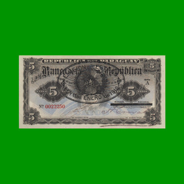 BILLETE DE PARAGUAY 5 GUARANI, PICK 157, LEY 1907, ESTADO SIN CIRCULAR-