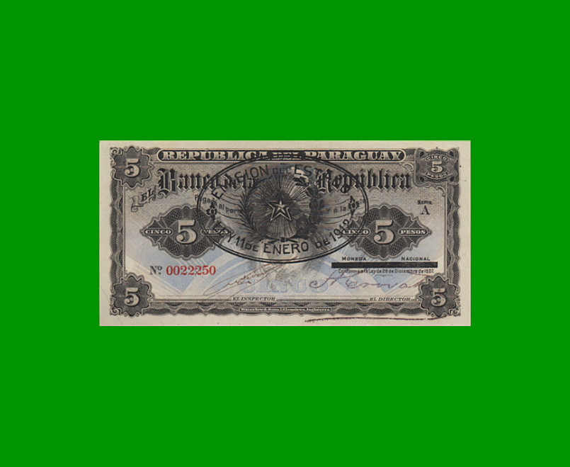 BILLETE DE PARAGUAY 5 GUARANI, PICK 157, LEY 1907, ESTADO SIN CIRCULAR-