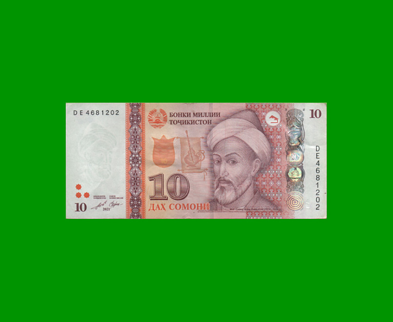 BILLETE DE TAJIKISTAN 10 SOMONI, PICK 24, AÑO 2021, ESTADO MUY BUENO.-