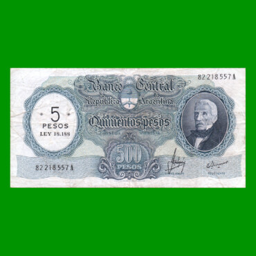 MONEDA NACIONAL $500,00 RESELLADO A $5,00 PESOS LEY 18.188, BOT 2208, AÑO 1969, ESTADO MUY BUENO- .-.-