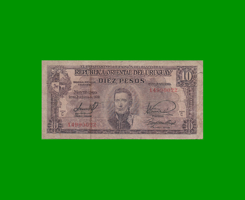 BILLETE DE URUGUAY $10,00, PICK 37c, SERIE C, ESTADO BUENO.-