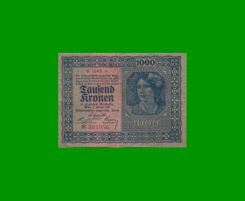 BILLETE DE AUSTRIA 1000 CORONAS, PICK 78, AÑO 1922, ESTADO MUY BUENO.-