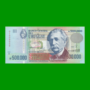 BILLETE DE URUGUAY $500.000,00  PICK 73, AÑO 1992, SERIE A, ESTADO SIN CIRCULAR.-
