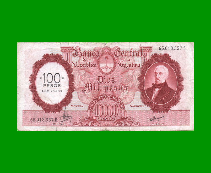 MONEDA NACIONAL $10.000 RESELLADO A $100,00 PESOS LEY 18.188, BOT 2222, AÑO 1970, ESTADO MUY BUENO- .-