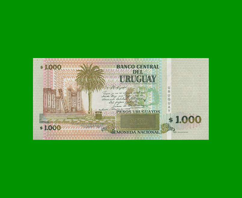BILLETE DE URUGUAY $1000,00 PICK 91c, AÑO 2008, SERIE C, ESTADO SIN CIRCULAR.- - Imagen 2