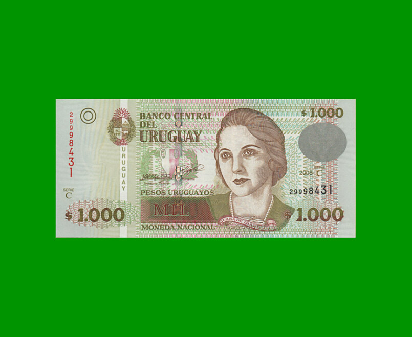 BILLETE DE URUGUAY $1000,00 PICK 91c, AÑO 2008, SERIE C, ESTADO SIN CIRCULAR.-