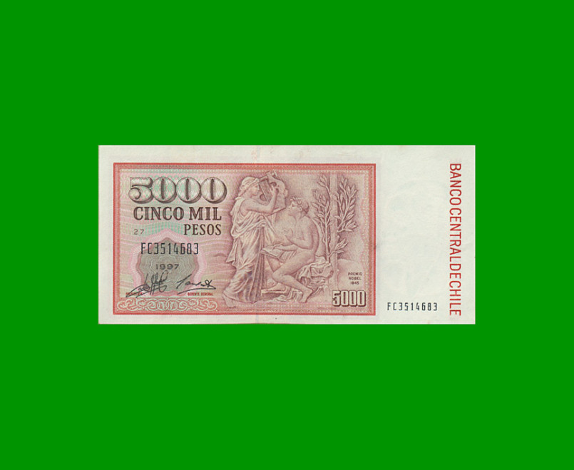 BILLETE DE CHILE $ 5.000,00, PICK 155e, AÑO 1997,  ESTADO EXCELENTE- - Imagen 2