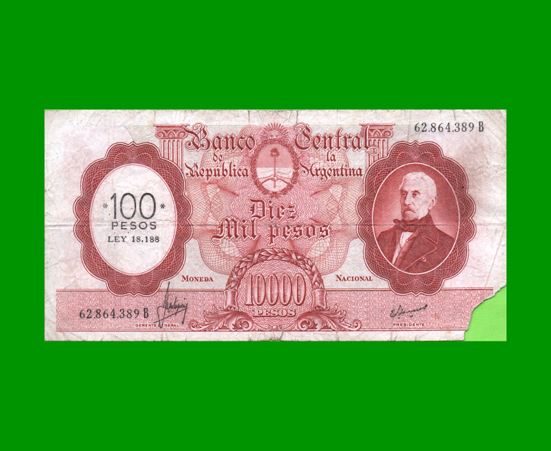 MONEDA NACIONAL $10.000 RESELLADO A $100,00 PESOS LEY 18.188, BOT 2222, AÑO 1970, ESTADO REGULAR .-