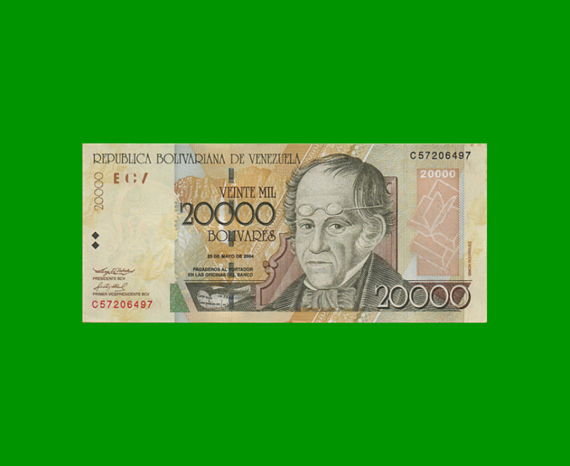 BILLETE DE VENEZUELA 20.000 BOLIVARES, PICK 85, AÑO 2004, ESTADO SIN CIRCULAR.-