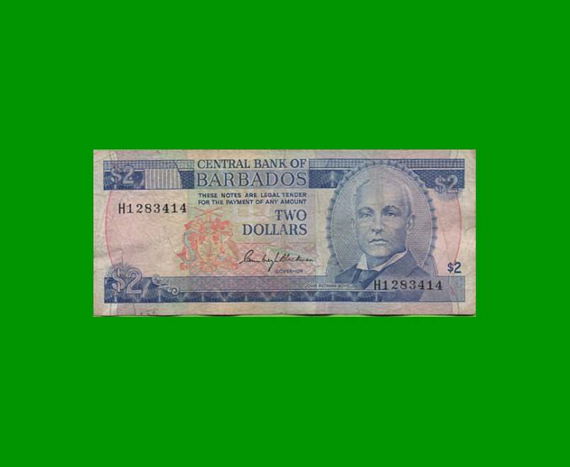 BILLETE DE BARBADOS 2 DOLARES, PICK 30a, AÑO 1980-1987, ESTADO BUENO .-