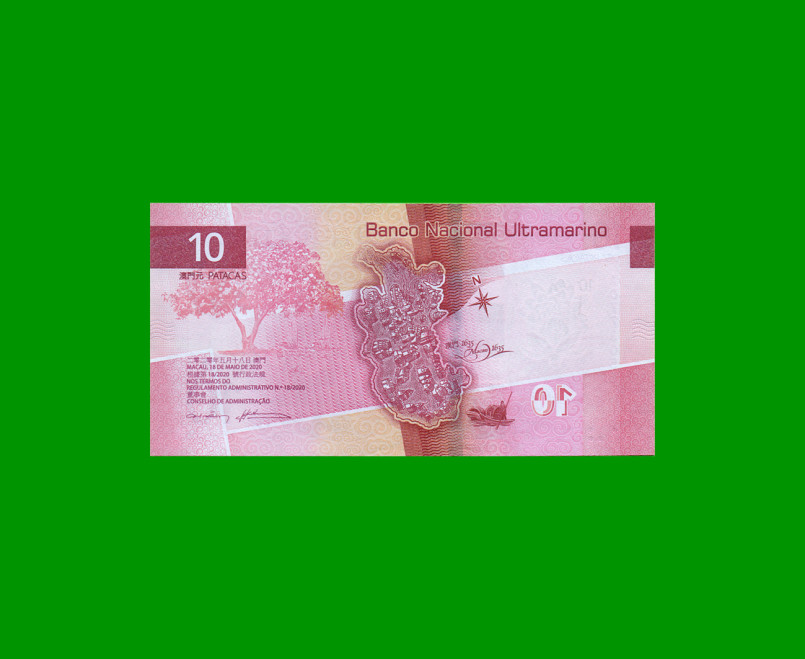 BILLETE DE MACAO 10 PATACAS, PICK W90, AÑO 2020, ESTADO SIN CIRCULAR.- - Imagen 2