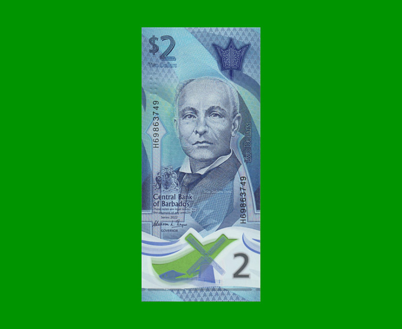 BILLETE DE BARBADOS 2 DOLARES, PICK 80, AÑO 2022, ESTADO SIN CIRCULAR.-