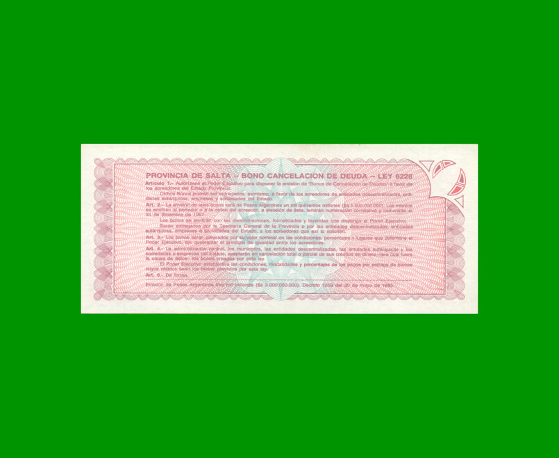 BONO DE SALTA $a1.000,00, EC 004, AÑO 1985, ESTADO SIN CIRCULAR.- - Imagen 2