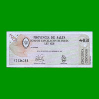 BONO DE SALTA 0,50CTVOS DE AUSTRALES, EC 050, AÑO 1985, ESTADO EXCELENTE+.-