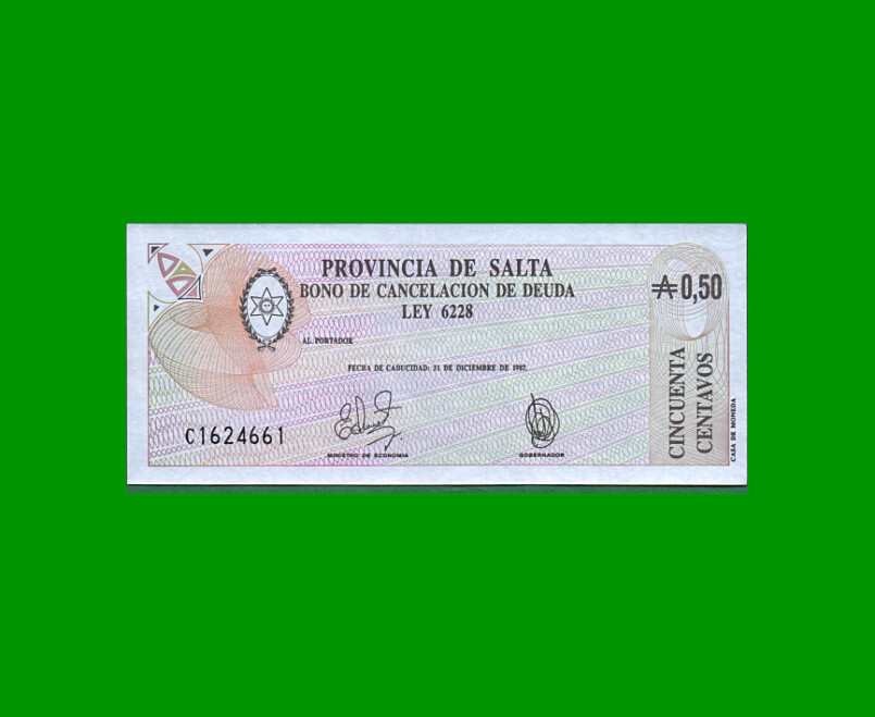 BONO DE SALTA 0,50CTVOS DE AUSTRALES, EC 050, AÑO 1985, ESTADO SIN CIRCULAR .-