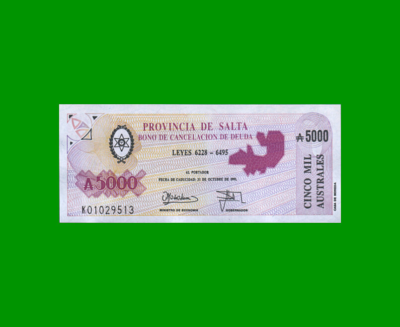 BONO DE SALTA 5.000,00 DE AUSTRALES, EC 076, AÑO 1990, ESTADO SIN CIRCULAR .-