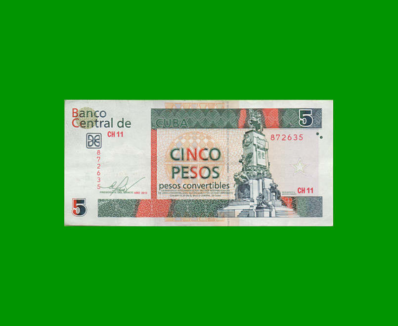 BILLETE DE CUBA $5,00 PICK FX48f,  ESTADO MUY BUENO+.-