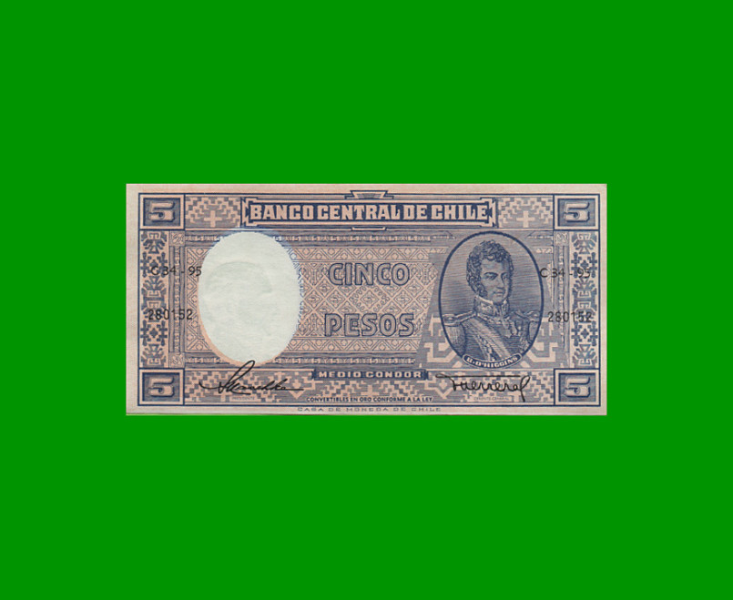 BILLETE DE CHILE $ 5,00, PICK 110, AÑO 1947/58, ESTADO SIN CIRCULAR.-