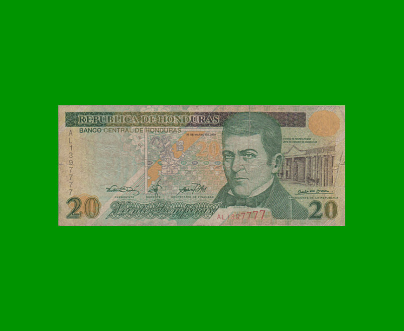 BILLETE DE HONDURAS 20 LEMPIRAS, PICK 83, AÑO 2000, ESTADO BUENO.-