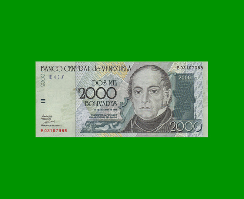 BILLETE DE VENEZUELA 2.000 BOLIVARES, PICK 80, AÑO 1998, ESTADO EXCELENTE+ .-