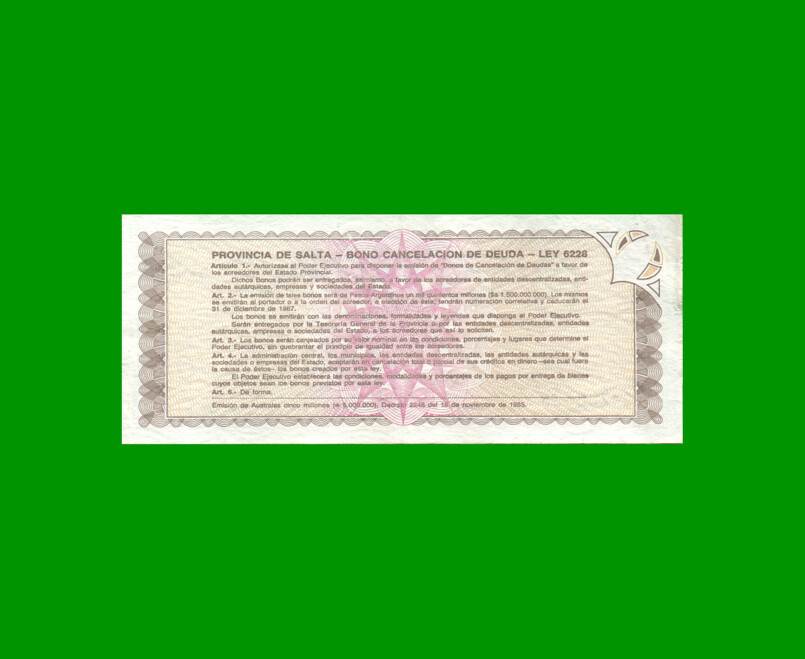 BONO DE SALTA 0,50CTVOS DE AUSTRALES, EC 050, AÑO 1985, ESTADO MUY BUENO+.- - Imagen 2