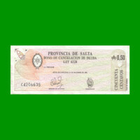 BONO DE SALTA 0,50CTVOS DE AUSTRALES, EC 050, AÑO 1985, ESTADO MUY BUENO+.-