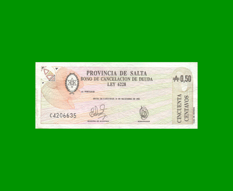 BONO DE SALTA 0,50CTVOS DE AUSTRALES, EC 050, AÑO 1985, ESTADO MUY BUENO+.-