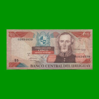 BILLETE DE URUGUAY $5,00 PICK 73A, AÑO 1997, SERIE A, ESTADO  BUENO.-