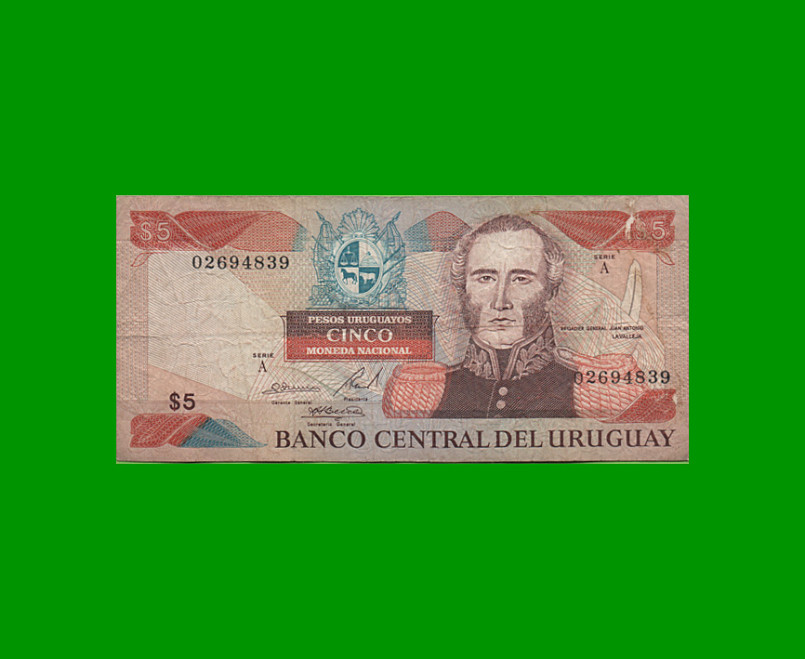 BILLETE DE URUGUAY $5,00 PICK 73A, AÑO 1997, SERIE A, ESTADO  BUENO.-