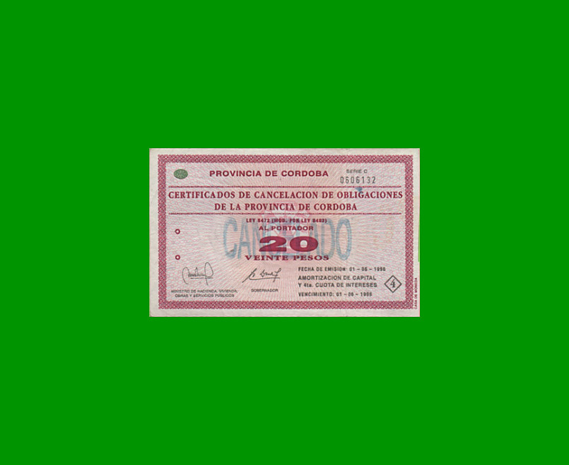 BONO DE CORDOBA $ 20,00, EC 267, AÑO 1996, SERIE C, ESTADO MUY BUENO- .-