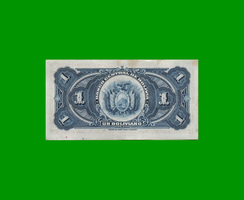 BILLETE DE BOLIVIA 1 BOLIVIANO, PICK 118, AÑO 1928, ESTADO EXCELENTE .- - Imagen 2