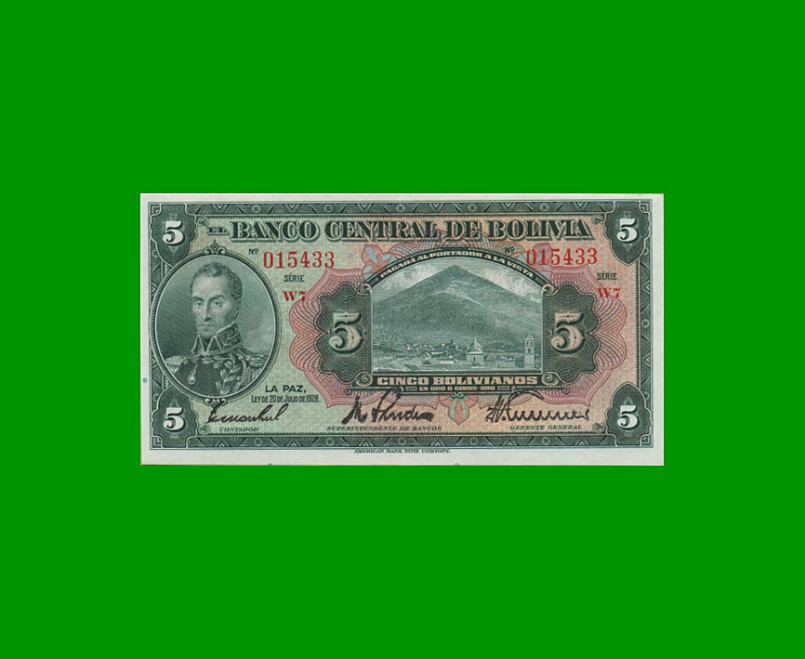 BILLETE DE BOLIVIA 5 BOLIVIANOS, PICK 120, AÑO 1928, ESTADO SIN CIRCULAR.-