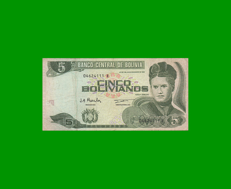 BILLETE DE BOLIVIA 5 PESOS BOLIVIANOS, PICK 203c, AÑO 1987, ESTADO MUY BUENO-  .-