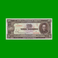 BILLETE DE BOLIVIA 20 BOLIVIANOS, PICK 140a, AÑO 1945, ESTADO EXCELENTE+ .-
